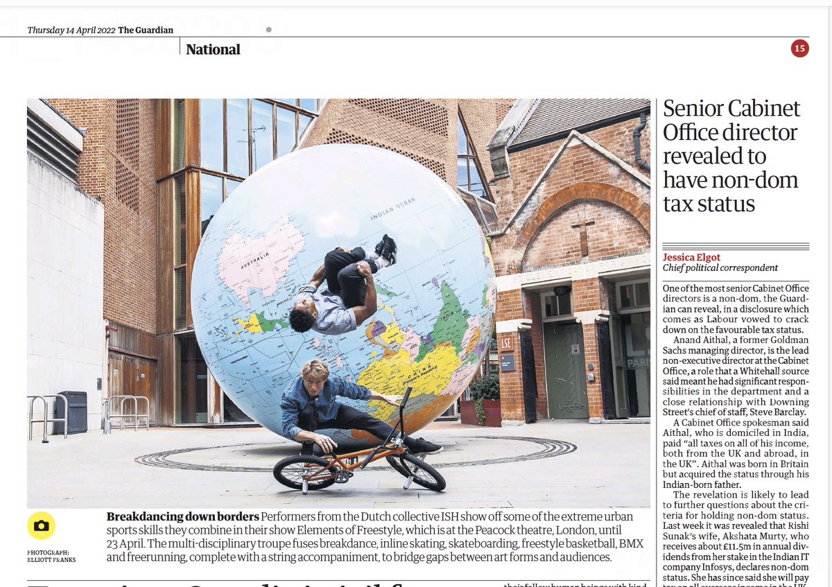 P15 The Guardian today - ISH Dance Collective 
Elements of Freestyle outside the 
Peacock Theatre - a fusion of breakdance, inline skating, skateboarding, freestyle basketball, BMX and freerunning. @ISHtheatre @guardian @Sadlers_Wells @DezMaarsen https://t.co/bPRrPg6SJU