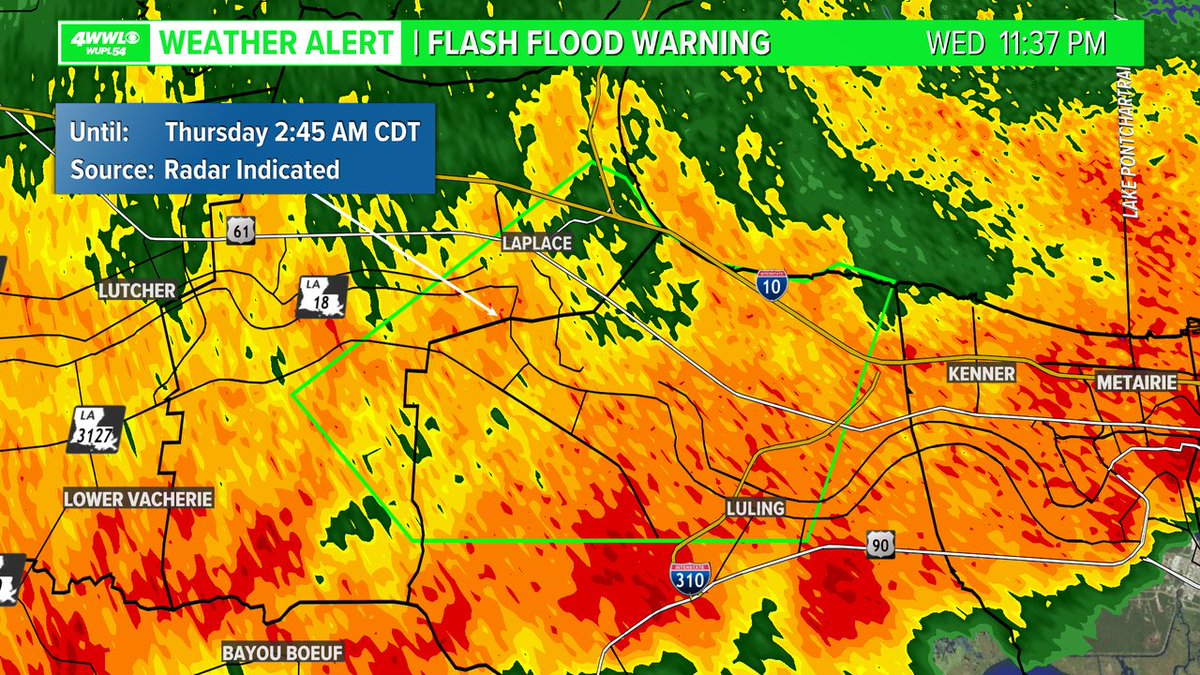 wwltvweather's tweet photo. A Flash Flood Warning has been issued for parts of St. Charles, St. John The Baptist until 4/14 2:45AM. Street flooding is happening or about to happen. #BeOn4 https://t.co/VWFV0LzriL
