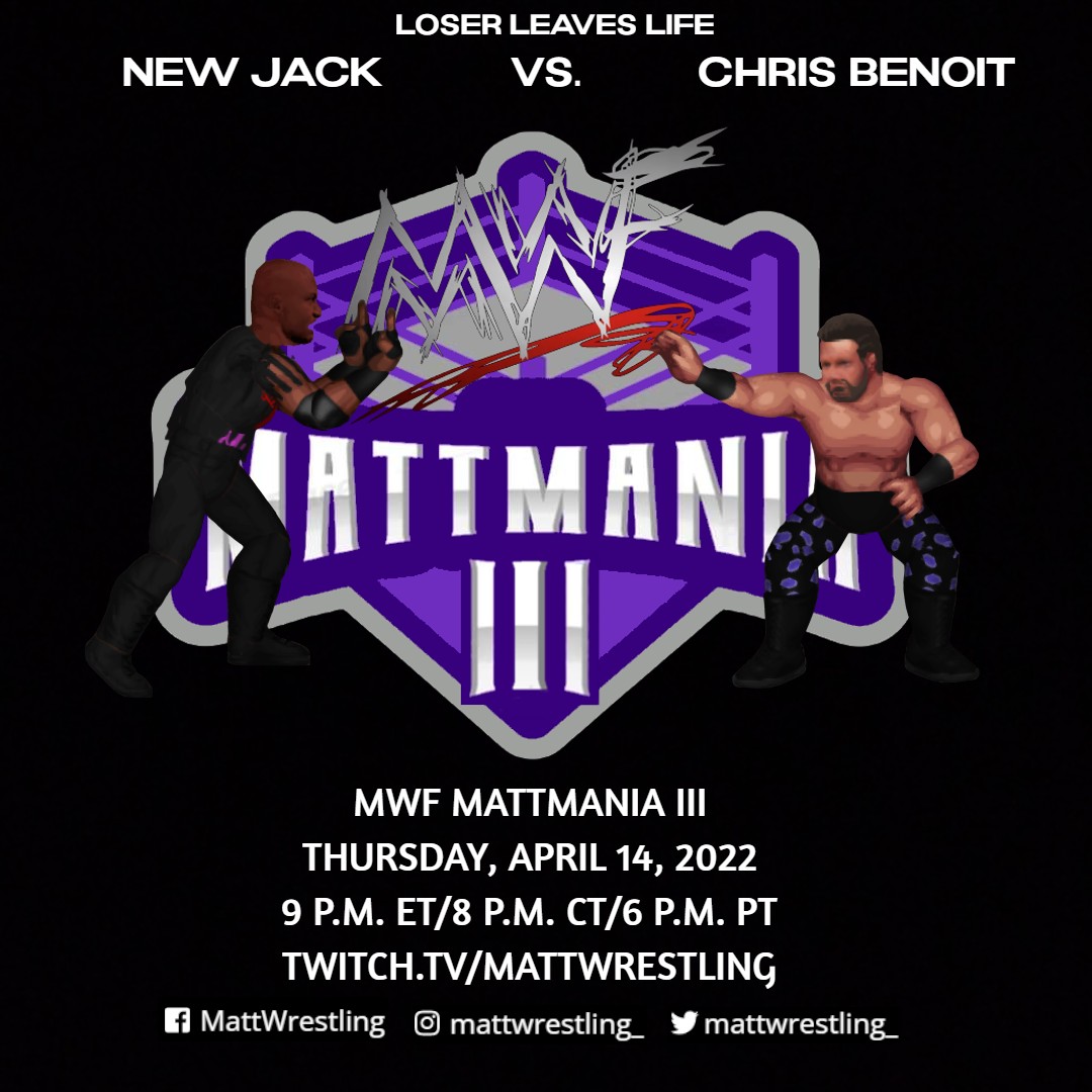 MattWrestling_'s tweet photo. New Jack beat Jesus in The Smashin' of The Christ to earn 3 wishes. His third wish was to face his former Murderers Row cohorts in Loser Leaves Life matches. After snuffing out Baskin last month, New Jack looks to end Chris Benoit for good at #MattMania!
#MattWrestling #FPWWorld https://t.co/T7XJ8CjaS8