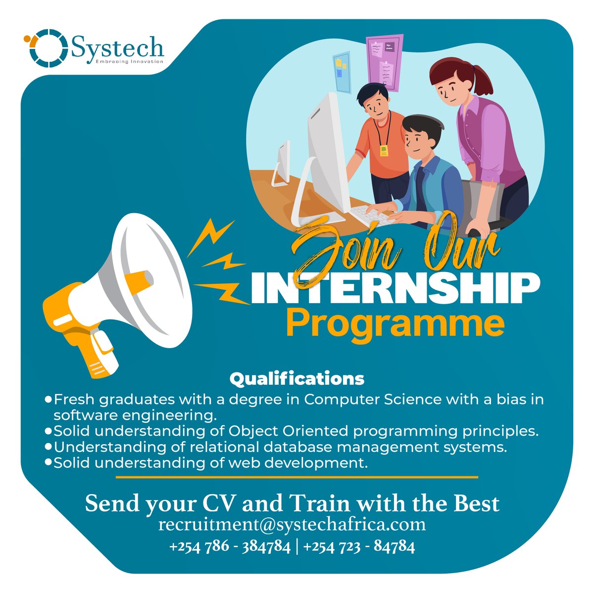 SystechAfrica's tweet photo. Applications for our Internship Program are now open!
Join our team to gain practical experiences in enterprise software development. Apply today! @DiscoverJKUAT @CUEA_OFFICIAL @uonbi @StrathU @kemukenya #Internship #InternshipOpportunities #ComputerScience #FundMaster https://t.co/QsjMQYVPD3