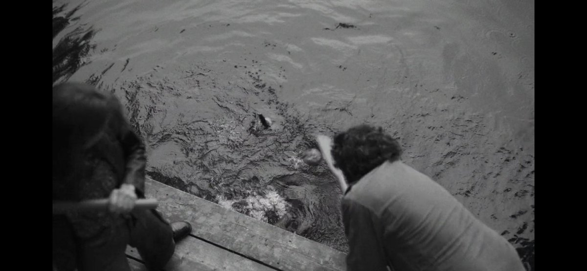 kyxsyn's tweet photo. Easter eggs in scenes with water hinting that #Villanelle is alive: 
- Lars/Johan “drowned”
- Pam &amp; Carolyn floating in the lake while a pair of shoes partially covers the “DIVING” sign turning it into a “LIVING” sign

Everyone aboard the Resurrection Theory 🤡 #KillingEve https://t.co/H98MHxF3jP
