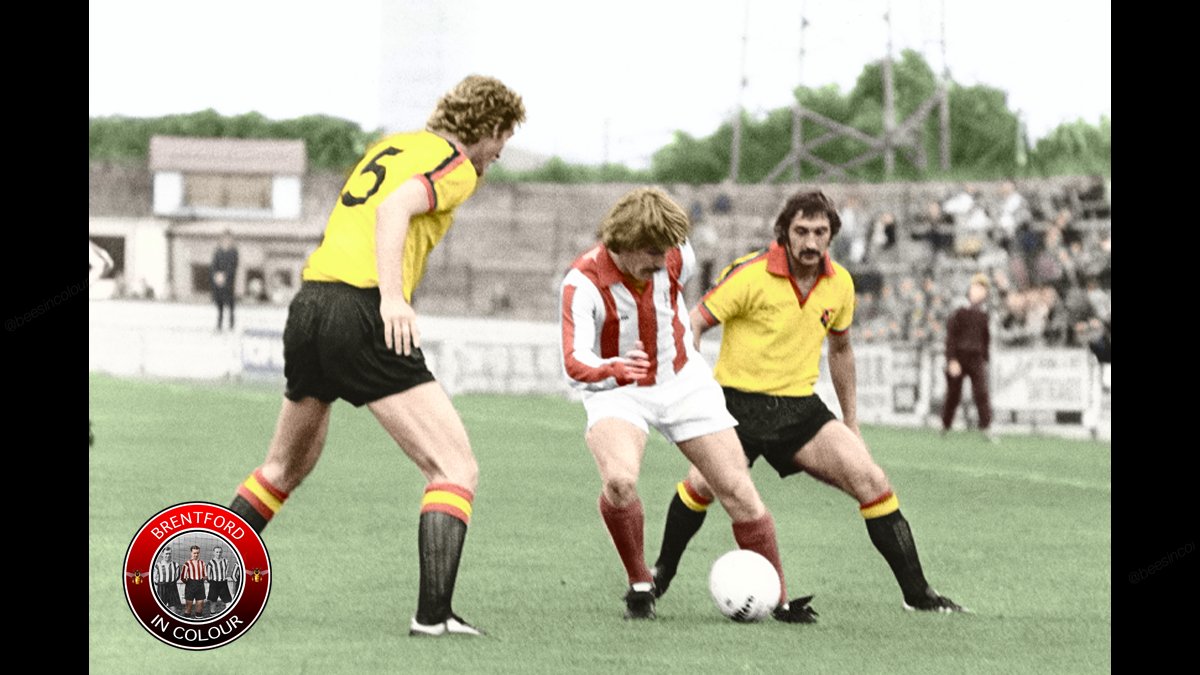 beesincolour's tweet photo. Watford v Brentford; Steve Phillips takes on two defenders at Vicarage Road in 1978 #BrentfordFC #Brentford #WATBRE #WatfordFC #BeesInColour https://t.co/hueaMeeExU