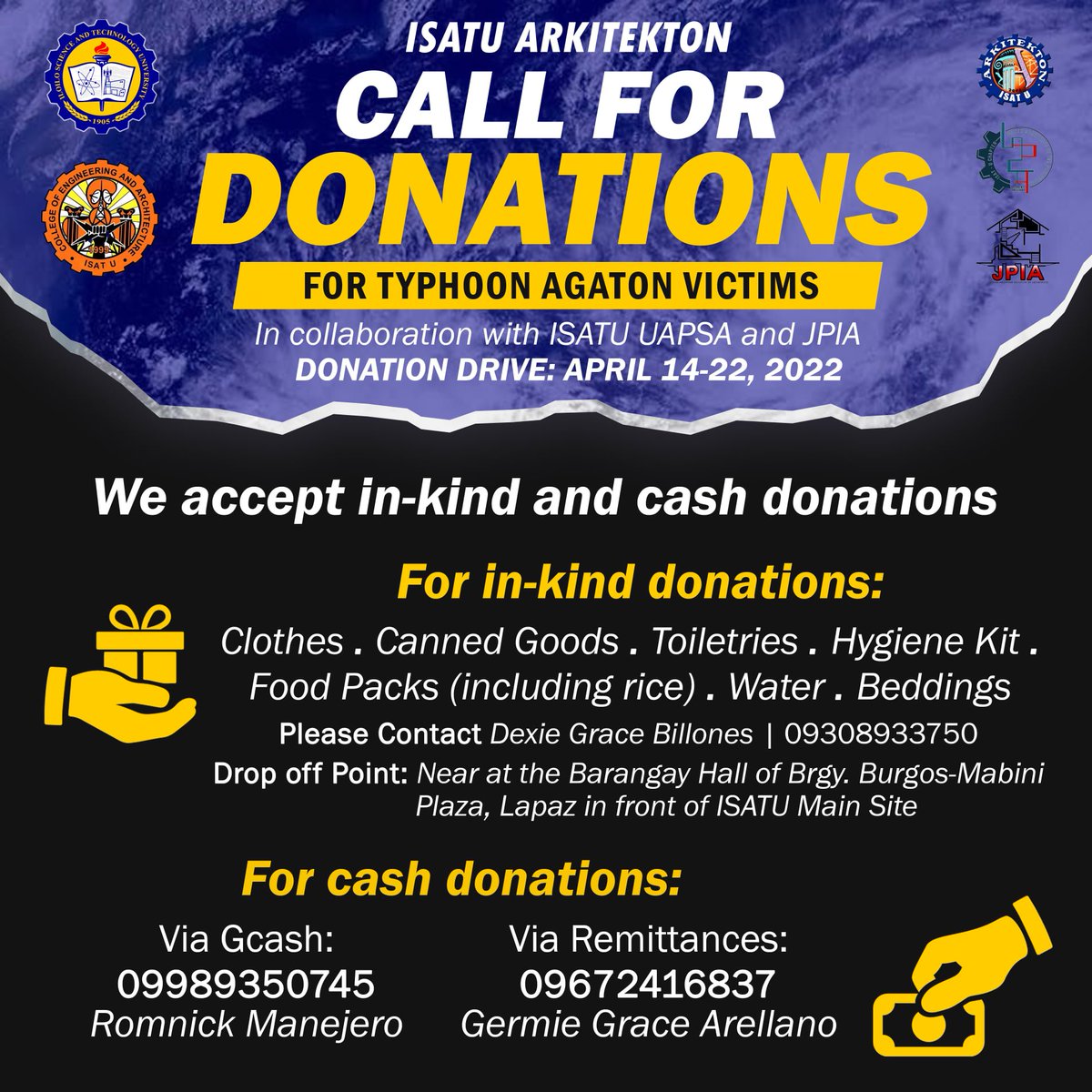 dexenyo's tweet image. henlo, moots! non-art related but we&apos;re knocking at ur kind hearts to extend help and give aid for the victims of typhoons, especially in Northern Iloilo.
i&apos;m the contact person for the in-kind donations; u can also donate thru Gcash and remittances. #IloiloNeedsHelp #AgatonPH