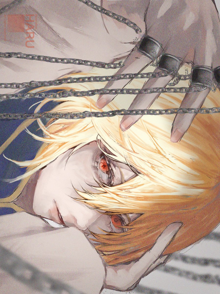 blonde hair 1boy male focus red eyes chain solo looking at viewer  illustration images