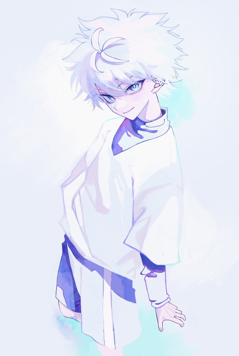 1boy solo white hair male focus smile blue eyes looking at viewer  illustration images