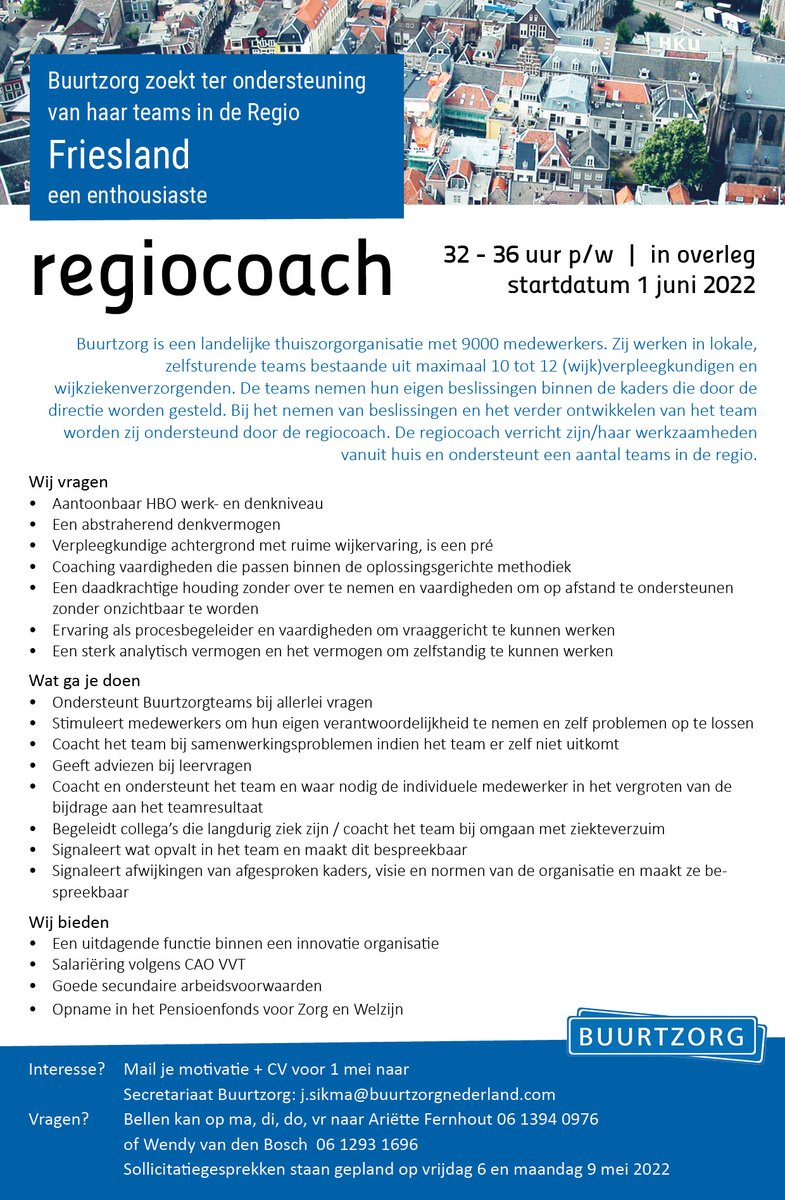 buurtzorg's tweet photo. #Buurtzorg zoekt ter ondersteuning van de teams in de regio #FRIESLAND een #enthousiaste #REGIOCOACH #32tot36uur #inoverleg klik op de vacature voor meer info! https://t.co/CgZJwqhsAY