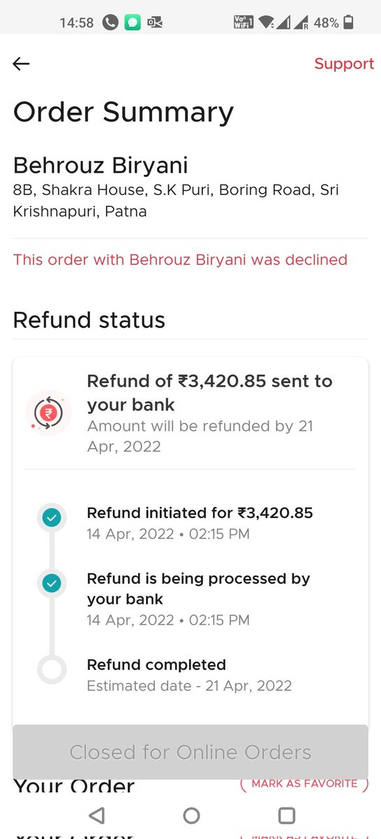 amarendrasinghk's tweet photo. #UninstallZomato
#Zomato Order No 2881238872. 
Orde was cancelled 5 mins before arrival although Food was handed over to Rider. Customer Care Kavitha was not supportive and Money was refunded to the Bank. Now no money for next order and no Discount or Voucher as courtesy given. https://t.co/prxNaGIHFC