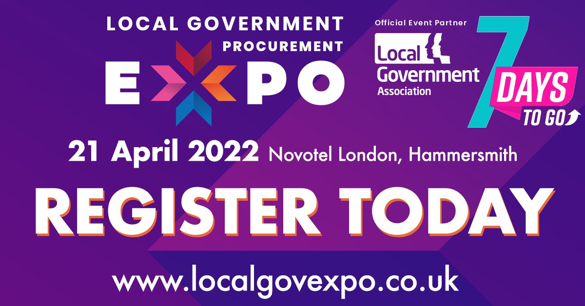 There's only one week to go until the @LGAComms Local Government Procurement Expo 2022!

Join us this time next week at London Novotel for the local government procurement event of the year.  

Don't have a ticket yet? There's still time to book your place bit.ly/3xpDp7t