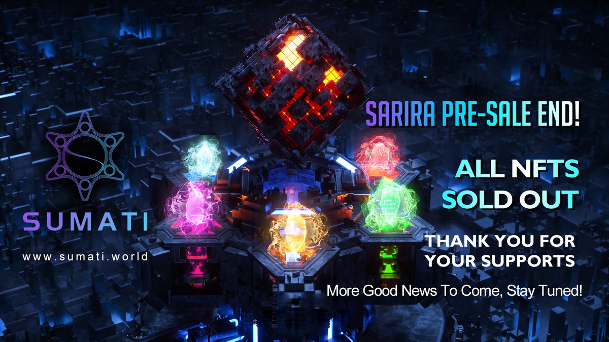 🌈#SARIRA Pre-sales Has Officially Closed🌈

Team would like to thank everyone for the overwhelming supports of #Sumati World, THANK YOU💕

Stay tuned for more news from us and don't forget to join our Invitation Contest in our #Discord.

All social links,
linktr.ee/sumatiworld