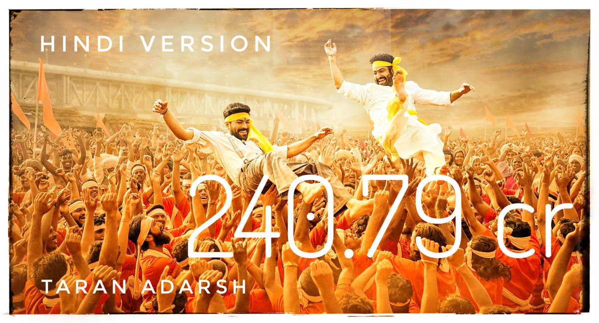 taran_adarsh's tweet photo. #RRR [Week 3] Fri 5 cr, Sat 7.50 cr, Sun 10.50 cr, Mon 3.50 cr, Tue 3 cr, Wed 2.70 cr. Total: ₹ 240.79 cr. #India biz... #Hindi verdict: SUPER-HIT. https://t.co/wfpEN8LjWl