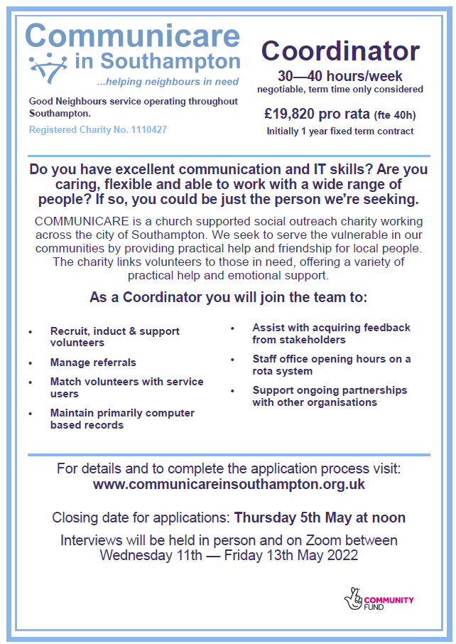 Communicare_SO's tweet photo. Could you join our team? If you have excellent #communication and IT skills and are #caring, then you could be our new Coordinator. 30-40 hrs per week for a 1-year fixed contract. Find out more and apply at https://t.co/sUtKPLgdao. #Southampton #Jobs #Recruitment #WorkAlert https://t.co/8ZUTqZZjAY