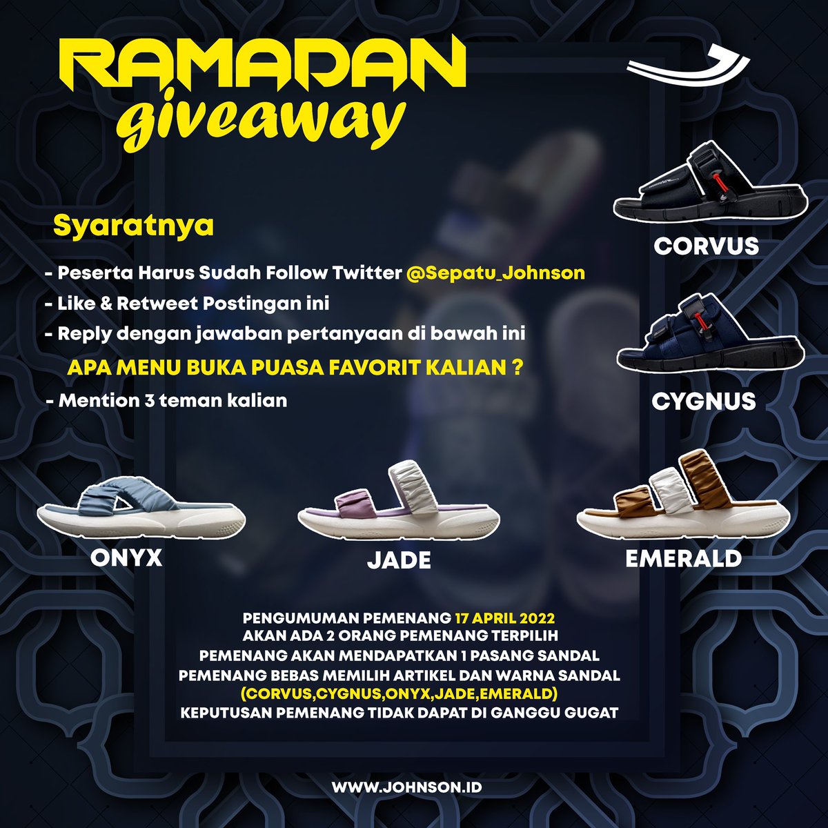 sepatu_johnson's tweet image. GIVEAWAY ALERT!! 🥳🥳🥳

Syaratnya
- Peserta harus sudah follow twitter @sepatu_johnson
- Like &amp;amp; RT Postingan ini
- Reply dngn jawaban pertnyaan di bawah ini
"APA MENU FAVORIT BUKA PUASA KALIAN? 
- Mention 3 Teman Kalian

Pengumuman Pemenang : 17 April 2022
#bebasinaja #Giveaway