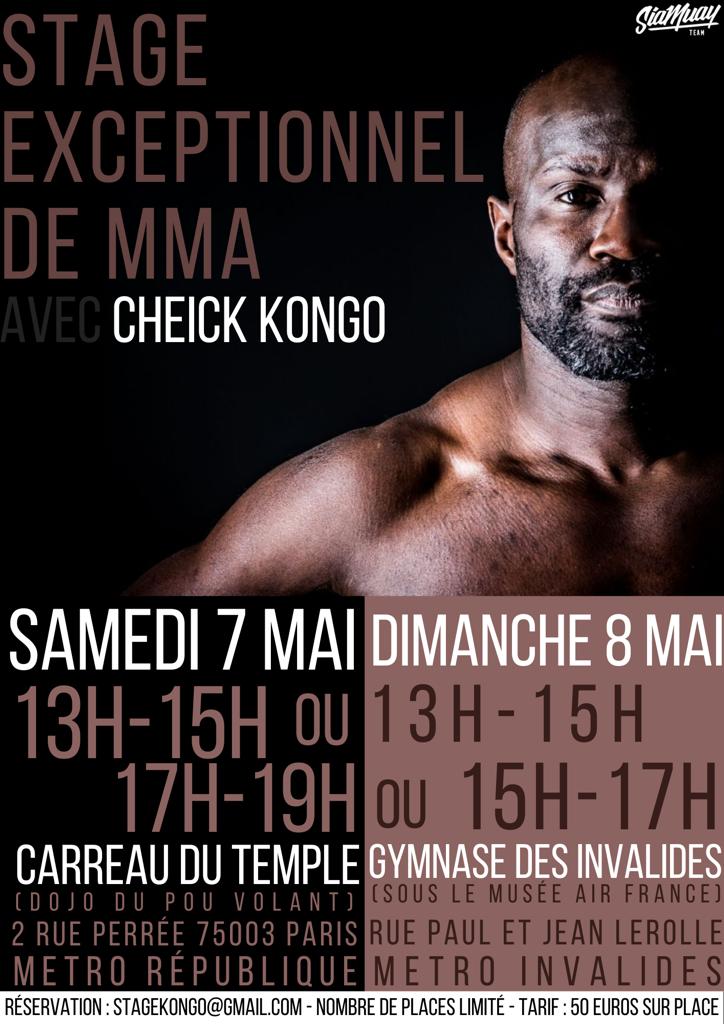 Bonjour,

Suite à vos demandes passées, Je vos propose de me rejoindre le weekend du 7 et 8 Mai pour des stages de MMA sur Paris.
Au Carreau Du Temple
2 rue Perrée 75003 Paris. Metro Républiques
&amp;
Au Gymnase Des Invalides 
1 rue Paul et Jean Lerolle 75007 Paris. Metro Invalides