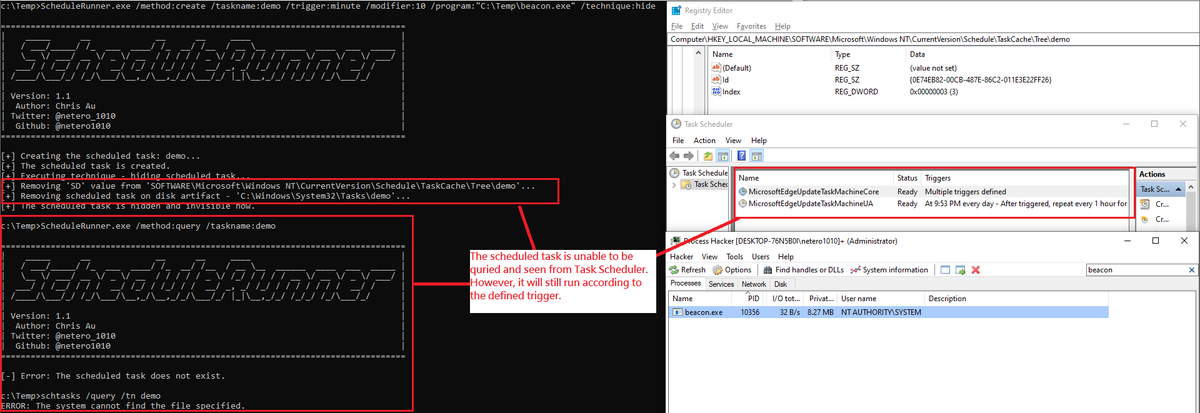 Updated my ScheduleRunner to include the "hiding scheduled task" technique used by Tarrask malware. This technique can literally make your scheduled task invisible from query tools and Task Scheduler.
github.com/netero1010/Sch…