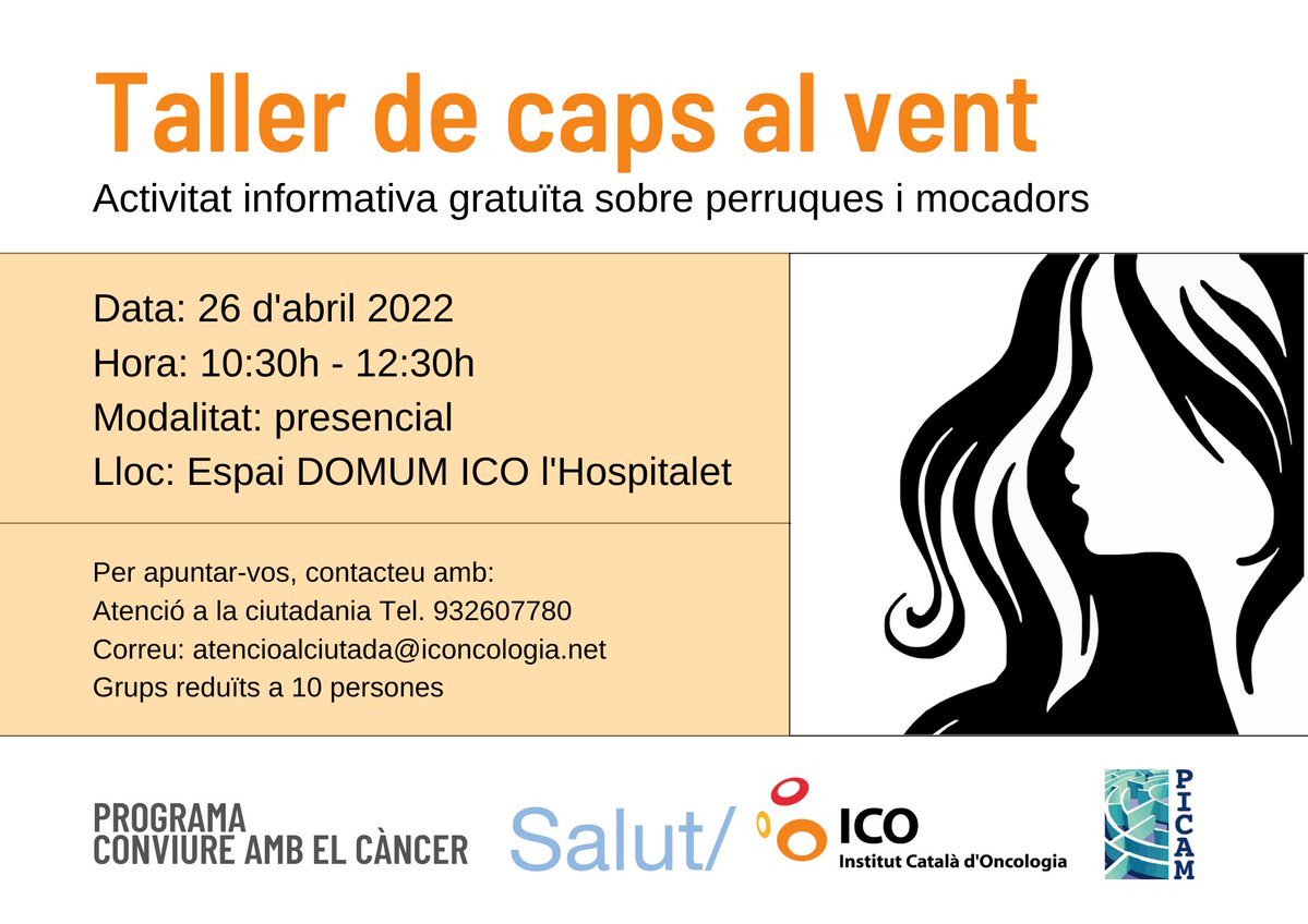 ICO_oncologia's tweet image. #ICOsessions Taller Caps al vent
Activitat gratuïta sobre perruques i mocadors per a pacients de l&apos;#ICO l&apos;Hospitalet. 
🗓️Dimarts 26 d&apos;abril a les 10:30h
✏️Inscripcions al telèfon 932607780 o al correu atencioalciutada@iconcologia.net
Organitza l&apos;Associació #PICAM @BPELUS i l&apos;#ICO