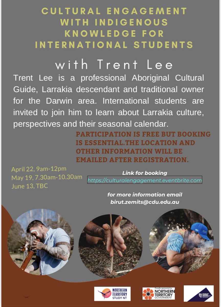 CDU_Research's tweet photo. Cultural Engagement with Indigenous Knowledge for International Students
Join Dr Birut Zemits from CIFEA in this fantastic cultural program! Get to know the environment from First Nations perspectives.
Registration https://t.co/PQYElDe7CE
This program is supported by #StudyNT https://t.co/OzuAiG2PeM