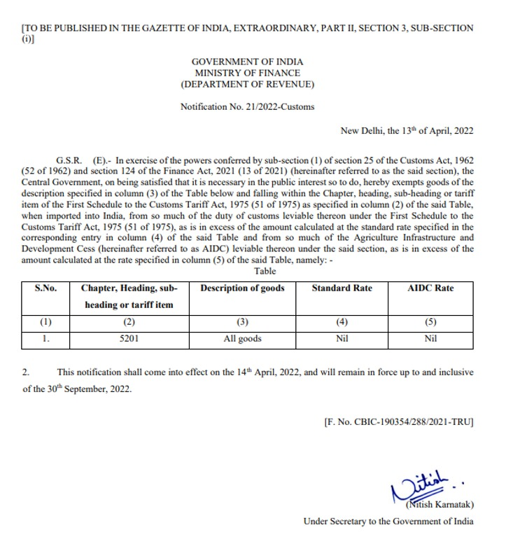 PiyushGoyal's tweet photo. Good news for the Textiles sector on this festive day. 

Modi Govt. removes customs duty on import of cotton till Sept.30, 2022. 

This will not only help boost our manufacturing &amp; exports but also bring down prices benefiting consumers. https://t.co/lU5Y7H5QgM