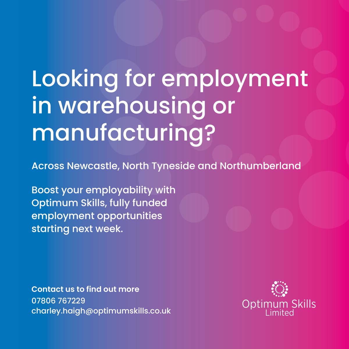 Boost your employability with Optimum Skills. We have opportunities across Newcastle, North Tyneside and Northumberland starting next week! 

For more information about this opportunity contact Charley on 07806 767229 or at charley.haigh@optimumskills.co.uk

#OptimisingPotential https://t.co/8Be7Jaa2iu