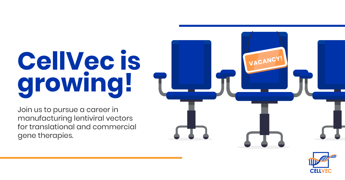 CellVecHQ's tweet photo. Our production team is expanding! We are looking for driven and talented individuals join us in manufacturing lentiviral vectors for translational and commercial gene therapies.
 
Send us your resume at info@cellvec.com or apply at https://t.co/kh82uO0w3n now!

#CellVec #hiring https://t.co/K74SfQ9RT5