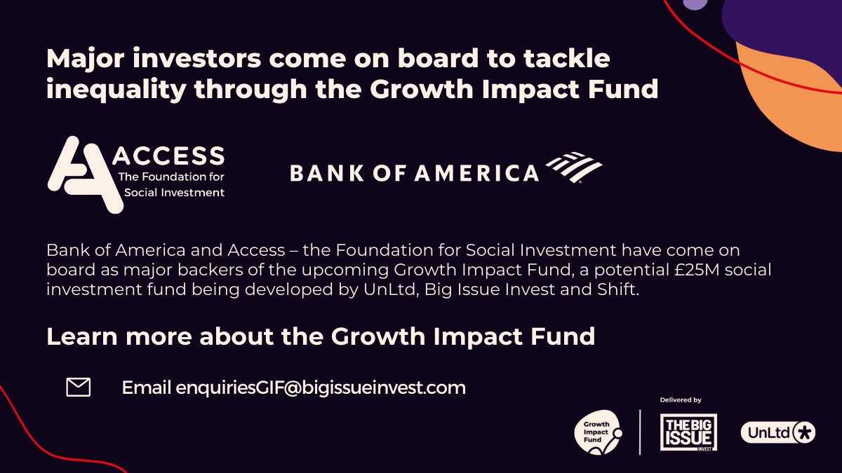 We’re delighted to announce that <a href="/BankofAmerica/">Bank of America</a> and <a href="/si_access/">Access</a> are supporting the upcoming #GrowthImpactFund - a potential £25M social investment fund from Big Issue Invest, <a href="/UnLtd/">UnLtd</a> and <a href="/shift_org/">Shift</a>.

The fund aims to support social businesses, tackle inequality in the UK.