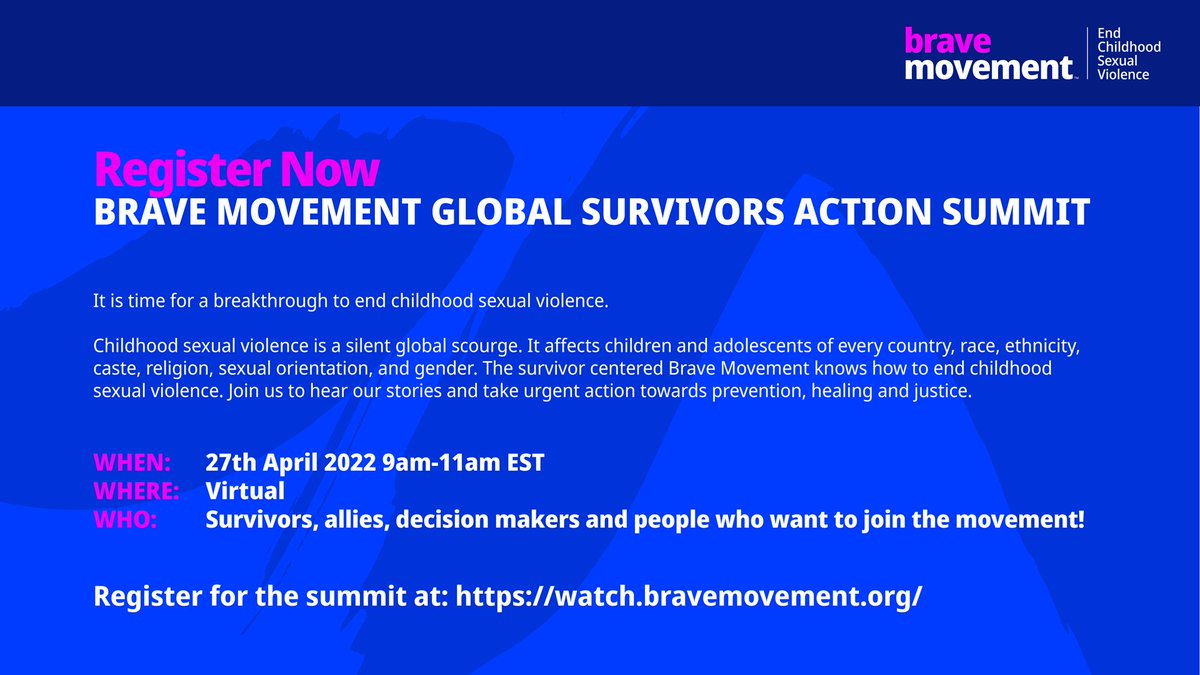 The Global Survivors Action Summit, led by the #BraveMovement @BeBraveGlobal takes place Wednesday 27 April. 

Register today to hear from survivors and allies in the call to help end child sexual abuse. 

Click here to register: watch.bravemovement.org