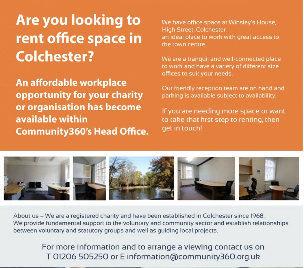 Are you looking for office space to hire? 

<a href="/Community360org/">Community360</a> offers the voluntary and community sector rooms and equipment to hire. 

Read more below >>

community360.org.uk/about/office-a…