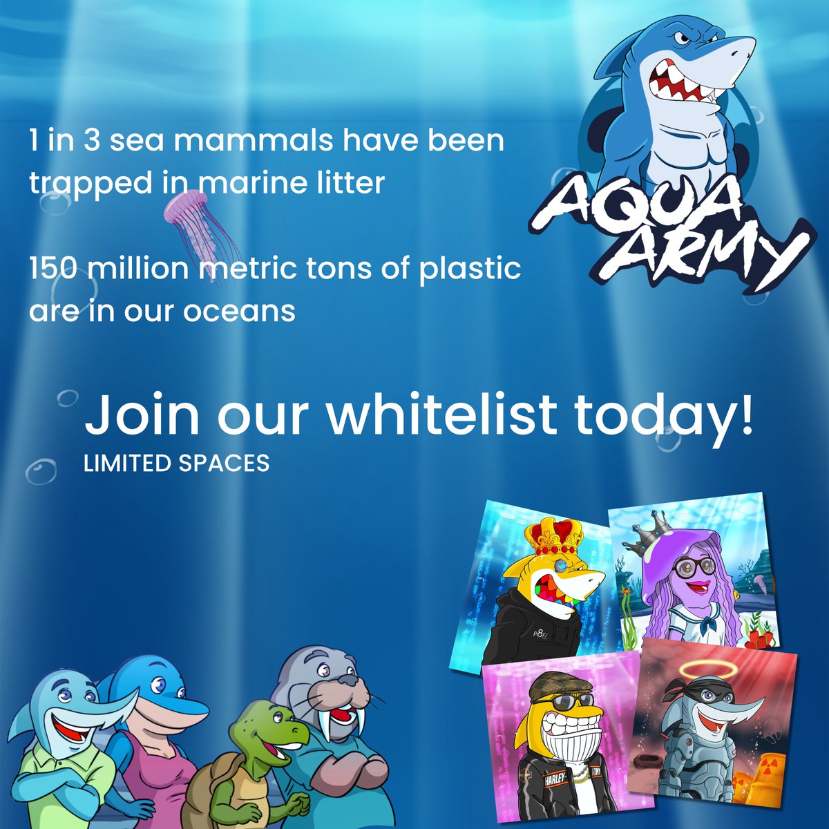 Aqua Army #NFTs aim to raise awareness in the fight to clean up our oceans. 1 mint = 300 bottles removed

Each ocean character has unique rarity traits, living in a variety of oceans.

Visit our website for more: aquaarmynft.com and join our WL for a chance to mint first!