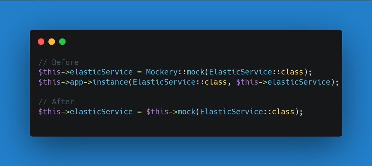 jerodev's tweet image. 🔥 Just found out #laravel includes a nice test helper to mock a service and put it in the container in one line.