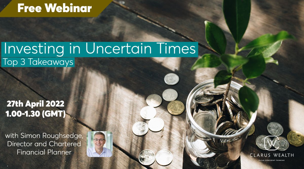 2 Weeks to go until our free webinar
'Investing in Uncertain Times- Top 3 takeaways'
Join us Wednesday 27th April 1.00-1.30pm 
This 30-minute session will provide easy digestible finance takeaways giving you time to get back to your lunch!
Sign up here:
bit.ly/3xov1oz