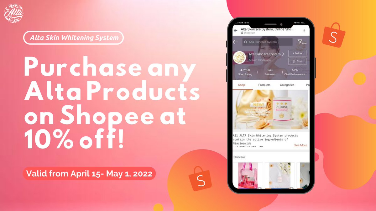 Jen90585582's tweet photo. Get ready with our weekly promos on our Shopee website 🛒✨✨

📣ALTA Suki Savers ‼️
Purchase any ALTA Products on Shopee at 10% OFF! 🛒💯✨✨
From April 15-May 1, 2022

Shopee: https://t.co/GQkCAc5ANa

#ShopeePH
#skincare https://t.co/cKhan3ME8o