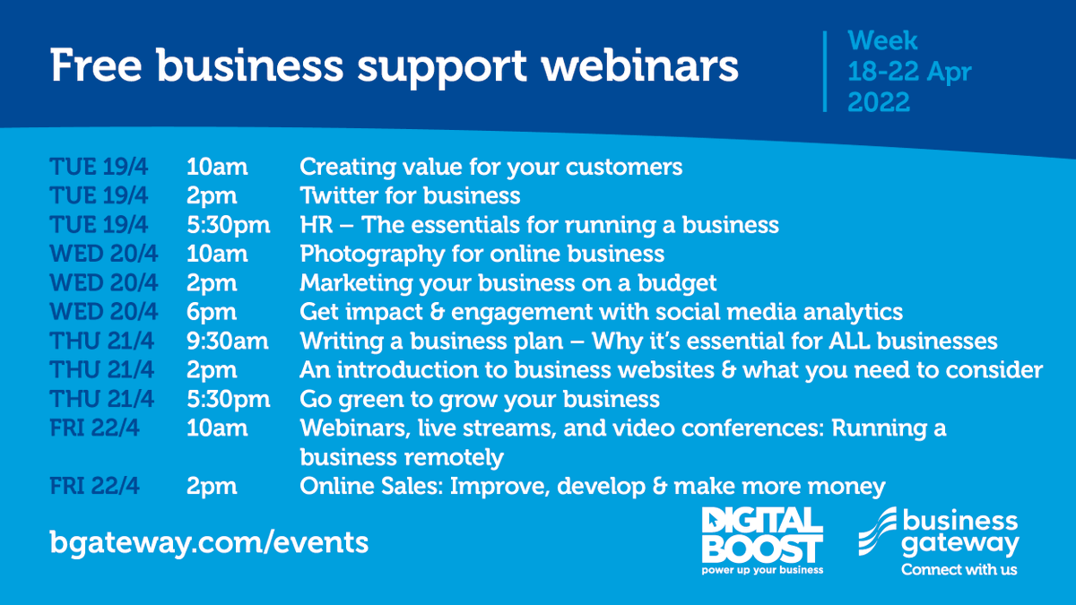 bgateway's tweet photo. Are you a business owner, self-employed or looking to start up? Have you been on our webinars yet? We have a great selection coming up to support you &amp; your team.

Check out the programme below for week 18-22 April &amp; book your place today 💻 👉 https://t.co/rcuRerTP7p https://t.co/1gJiaCGHvB