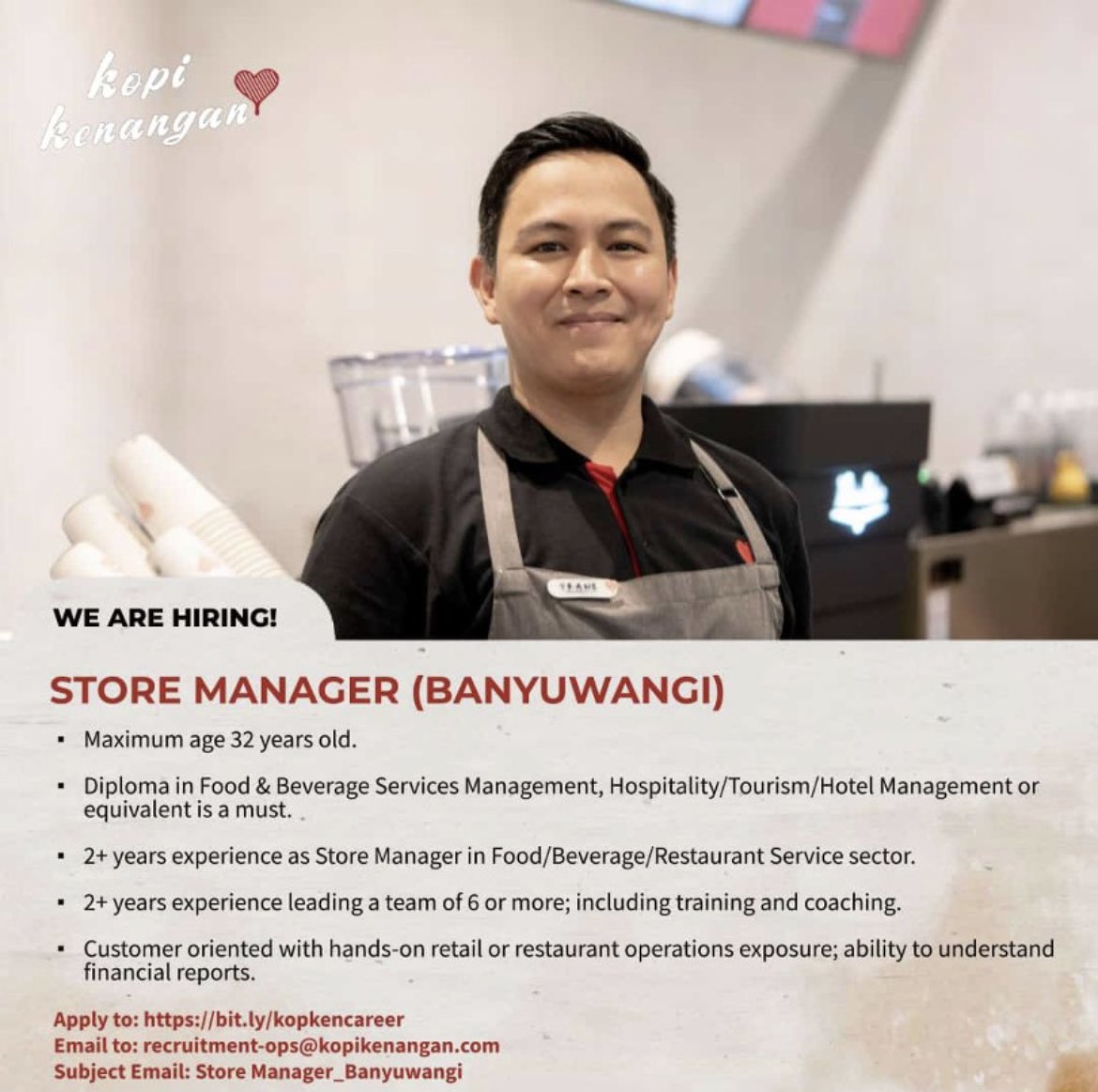 einsistant's tweet image. Hi Teman Mantan!❤️

Kopi Kenangan is expanding to Banyuwangi!

We're looking for all position such as :
1. Store Manager
2. Shift Supervisor
3. Barista

Please send your latest CV to:
Email: recruitment-ops@kopikenangan.com.
Subject : Posisi - Name.

See you on interview session!