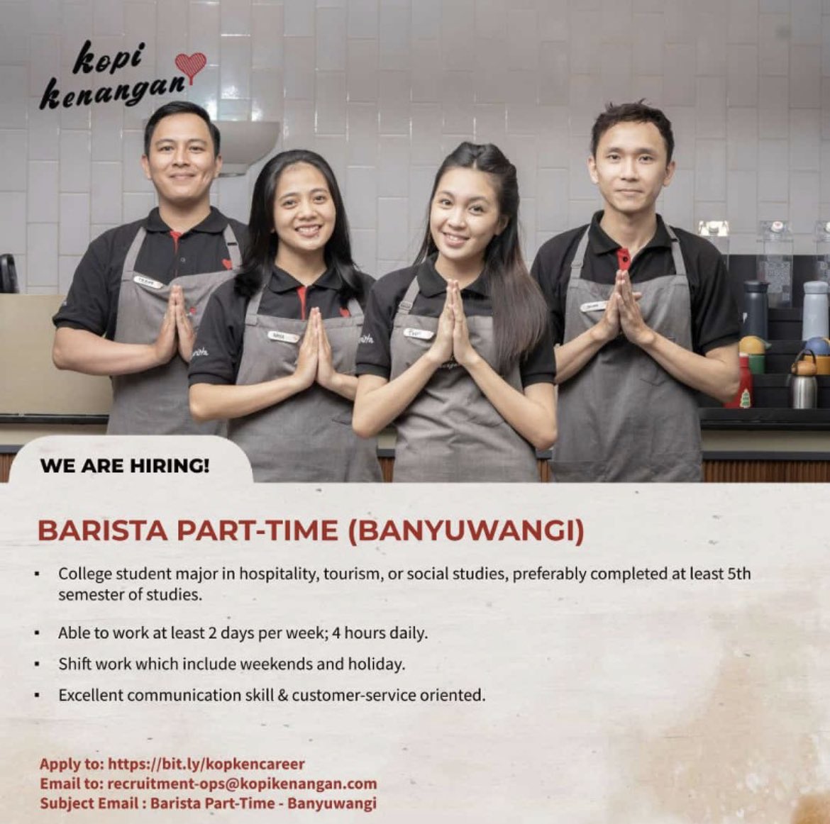 einsistant's tweet image. Hi Teman Mantan!❤️

Kopi Kenangan is expanding to Banyuwangi!

We're looking for all position such as :
1. Store Manager
2. Shift Supervisor
3. Barista

Please send your latest CV to:
Email: recruitment-ops@kopikenangan.com.
Subject : Posisi - Name.

See you on interview session!