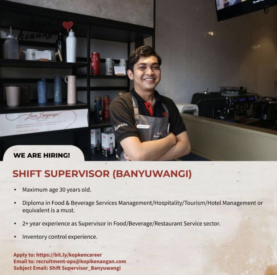 einsistant's tweet image. Hi Teman Mantan!❤️

Kopi Kenangan is expanding to Banyuwangi!

We're looking for all position such as :
1. Store Manager
2. Shift Supervisor
3. Barista

Please send your latest CV to:
Email: recruitment-ops@kopikenangan.com.
Subject : Posisi - Name.

See you on interview session!