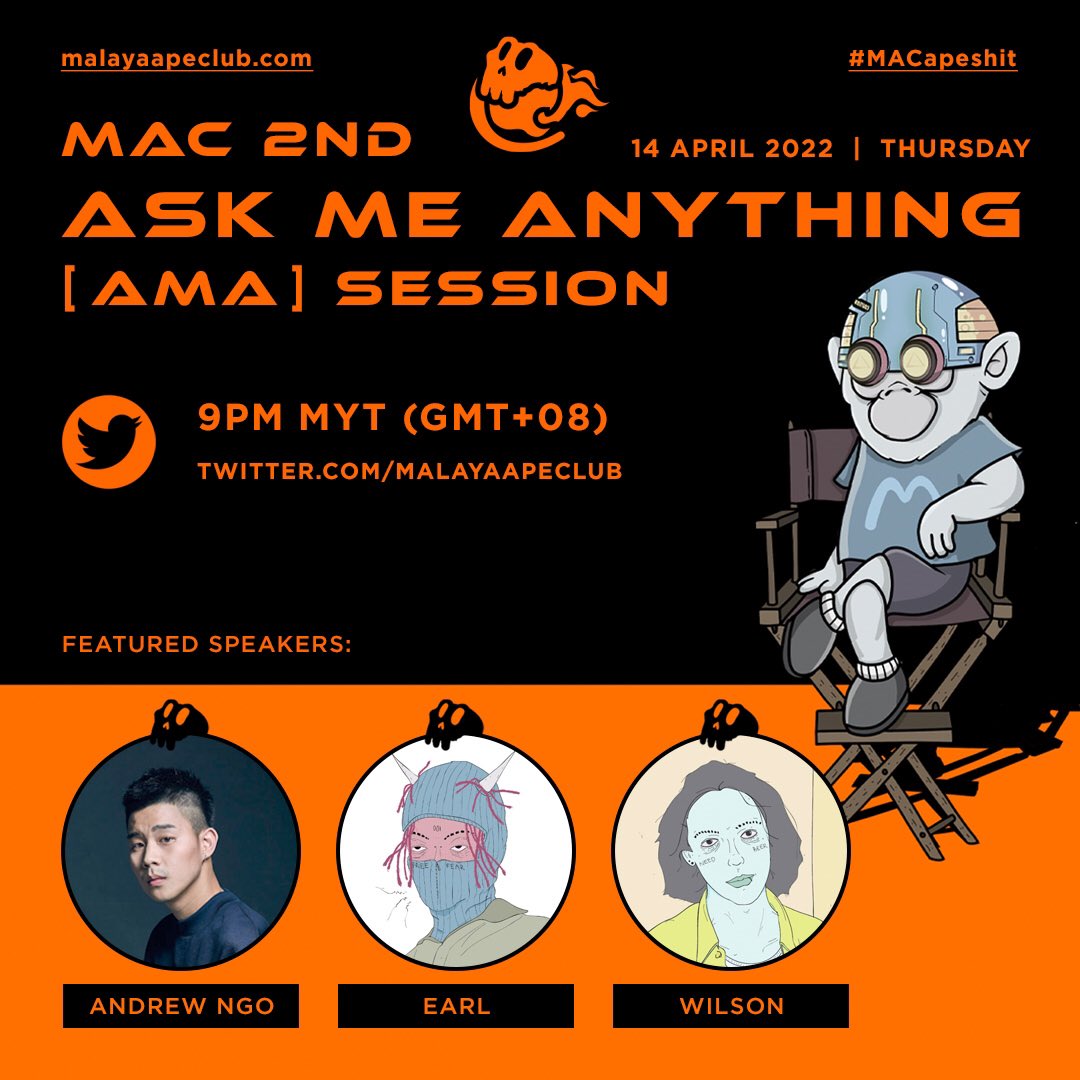 malayaapeclub's tweet photo. OUR 2ND AMA SESSION IS COMING 🐵 🍌 

It will be live on MAC's Twitter Spaces.
9.00PM MYT 
14.4.2022
joined by @mrandrewngo @earliswill @wilsonpangmc 

Tonight's AMA will be focusing on our Art Direction. See you there 🐒🦧🦍

➡️  https://t.co/uAijc8RBQi

#MAC #APESHIT https://t.co/5O82OKKoCJ