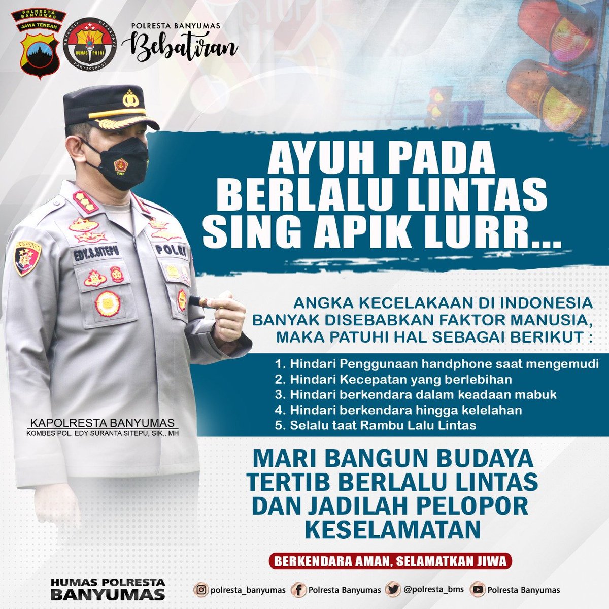 Sandi9596's tweet photo. Sobat kamtibmas mari kita bangun budaya tertib berlalu lintas dan jadilah pelopor keselamatan berlalu lintas

@kapolresta_banyumas
@divisihumaspolri
@humas_poldajateng
@polresta_banyumas

#polrestabanyumas #polrestabanyumasbebatiran #bebatiran #poldajateng #humaspolri #purwokerto https://t.co/cEscRexprS