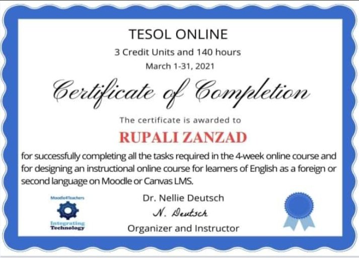 Last year in pandemic situation when everyone was locked, i found the way to CPD.Feeling happy to share the certificate of TESOL.Really it was a great experience of learning with @NellieDeutsch.
Thank you Nellie ma'am and thank you Moodle
#MoodleMoocs
#TESOL
#CPD
