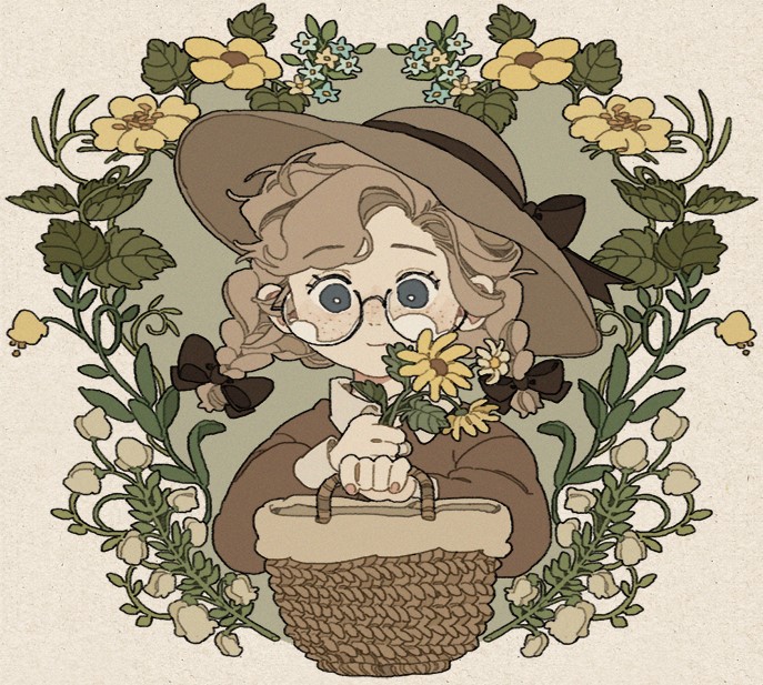 1girl solo flower yellow flower twin braids glasses hat  illustration images