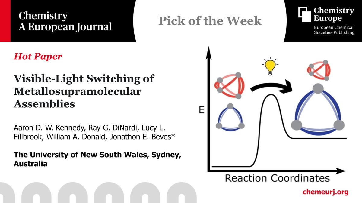 ChemEurope's tweet photo. Pick of the Week, published #OpenAccess as a Hot Paper in @ChemEurJ by @RayDinardi, @AaronDWKennedy, @JonBeves and team: 

"Visible-Light Switching of Metallosupramolecular Assemblies"
https://t.co/beJqe25LrT

Also available on @ChemRxiv:  https://t.co/FLJaMrRwRf https://t.co/xZMk95CcRV