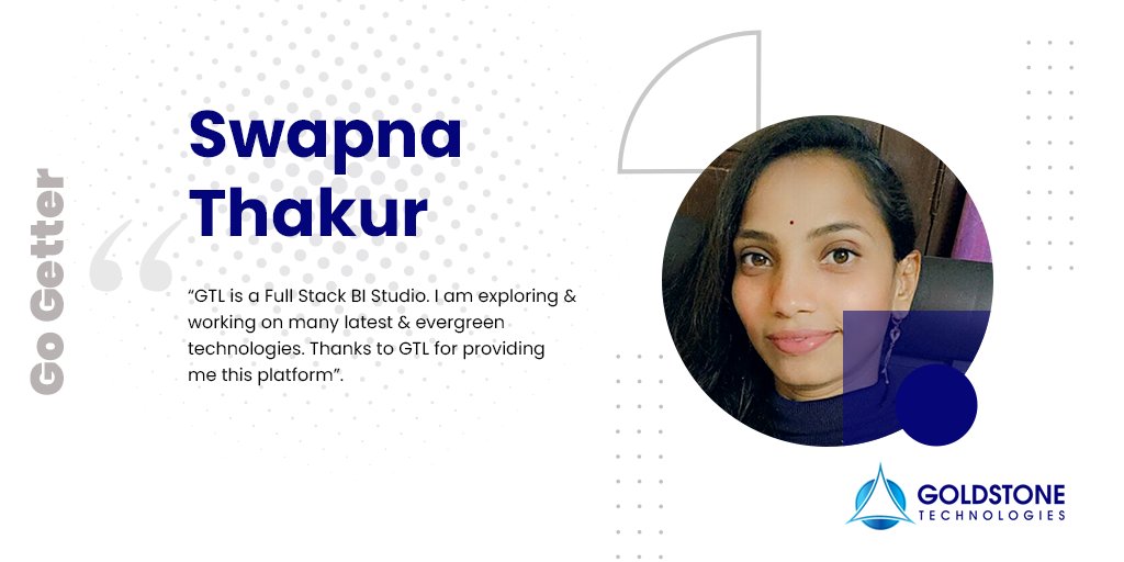 GoldstoneTech's tweet photo. Proactive, enthusiastic, team player these are not enough adjectives to describe Swapna Thakur. She is a consistent performer &amp; took initiatives in improving the performance of co team members and went extra miles to contribute for the team as needed. – Says Jijo Vanissery https://t.co/ztmqya7OCE