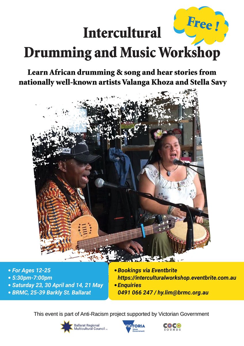 - REMINDER -
Our Anti-Racism Intercultural Music Workshops start next week!

When: 5.30pm - 7pm, Saturday 23, 30 April and 14, 21 May
Where: Ballarat Welcome Centre, 25-39 Barkly St, Ballarat

FREE workshops for young people aged 12-25.

Register: …terculturalworkshop.eventbrite.com.au
