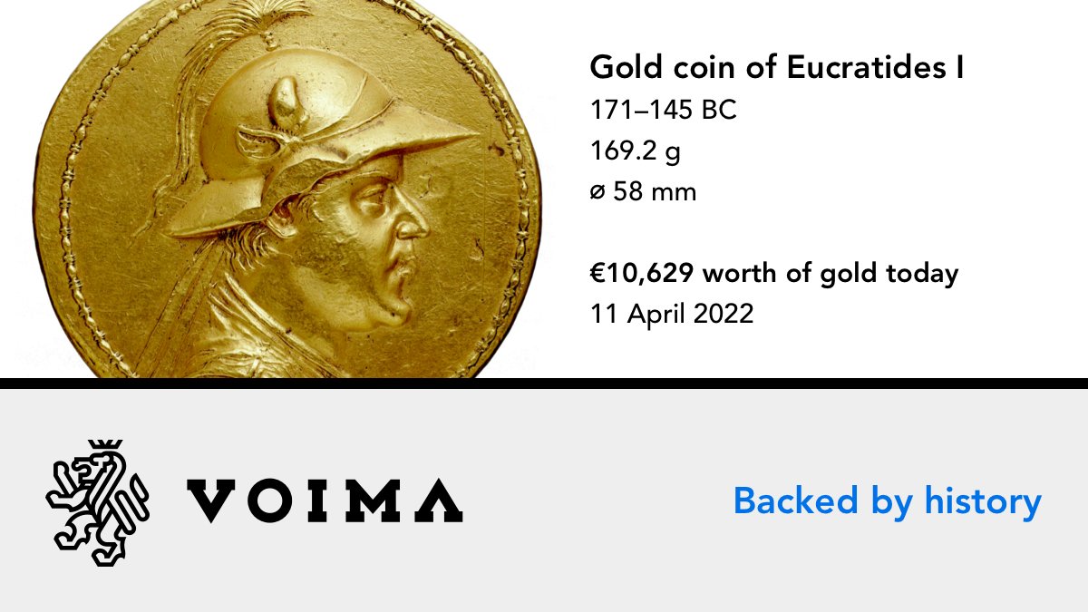 VoimaGold's tweet photo. Curious to know what was the heaviest gold coin minted in antiquity? 🔍 Look no further: Eucratides I issued the heaviest coin, weighting a whopping 169.2 grams. 
#moneythatlasts #voimagold https://t.co/Ph7jfHmOnf