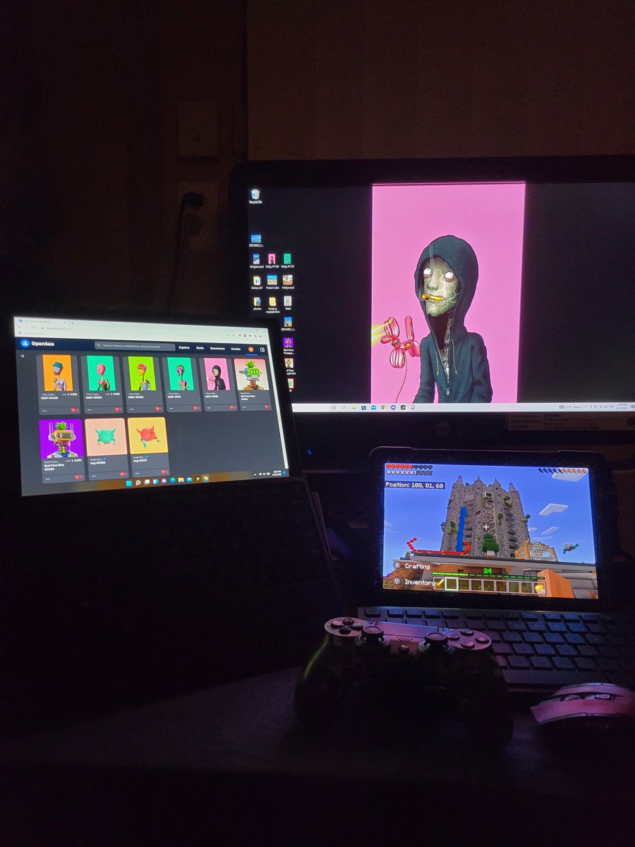 thekernlu's tweet image. Was away from #Twitter for a few days. Been learning minecraft and working. @TheOddDystrict new #NFTWorlds #nft #NFTs has me hooked #theodddystrict #linustechtips #nft this is my set up. Got the desktop background #surfacepro #OpenSeaNFT #galaxytablet #minecraft #ps4 controller.