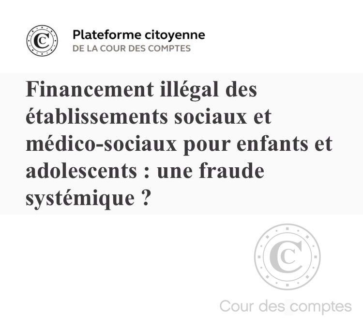 Je demande une #enquête de la <a href="/Courdescomptes/">Cour des comptes</a> sur le financement des IME.

Un système discriminatoire, liberticide, coûteux et contraire à nos engagements internationaux en matière de #DroitsHumains <a href="/ONU_fr/">Nations Unies (ONU)</a> 

⚫️ participationcitoyenne.ccomptes.fr/processes/cons… 

Une #FraudeSystémique ?