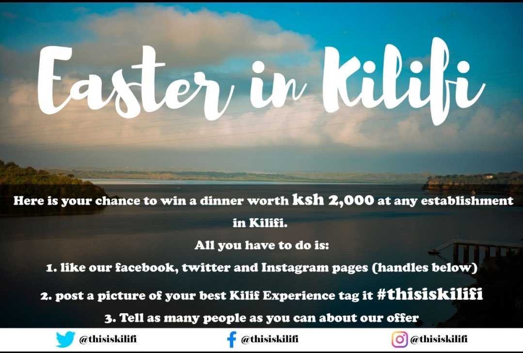 If you live in Kilifi here’s a chance for you to invite the world to our home this Easter.
You might get a free dinner while at it!
All you have to do is:
1: Like our Facebook, Instagram and Twitter <a href="/ThisisKilifi/">This is Kilifi</a> 
See 2 and 3.
Cheers
#thisiskilifi