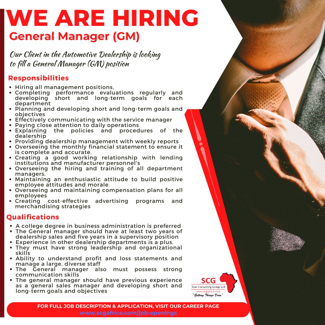 HIRING! General Manager. Our client in the Automotive Dealership is looking for you. For application and full JD visit our page:scgafrica.com/job-openings/ or email hr@scgafrica.com
#opportunity #career #dealership #automotive #hiring #hiringpost #ikokazike #jobs #hr #generalmanagers