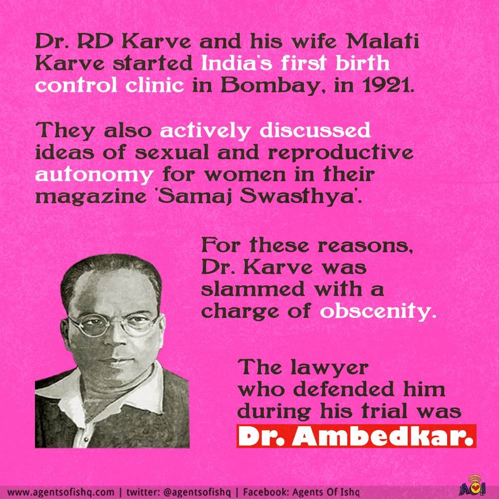 AgentsofIshq's tweet image. When #RaghunathDhondoKarve and his wife started India&apos;s first birth control clinic in 1921 and discussed women&apos;s sexual autonomy in &apos;Samaj Swasthya&apos;, they got slammed with a charge on obscenity. Guess who came to their rescue? 

#AmbedkarJayanti #SexEdHistory 2/3