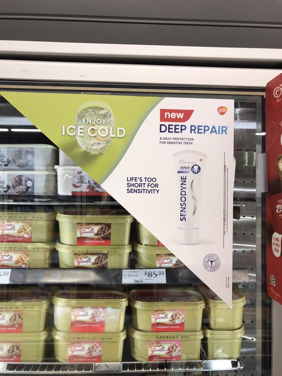 mzansimedia's tweet photo. Great fridge decal from @Sensodyne_SA in @PicknPay 
In a #media landscape dominated by digital fantasy &amp; alternative realities #Metaverse 
it’s good to see some good old in-store innovation 
Nice one @GSK https://t.co/uKAHaqRfay