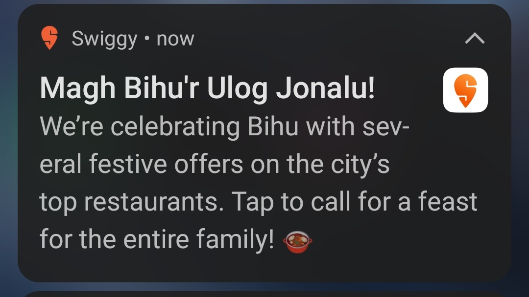 Hrishikesh__007's tweet photo. When your marketing team walks the extra mile and fucks it up @swiggy_in it's Bohag bihu, not Magh bihu, learn before doing business. https://t.co/fd60vJxV1s