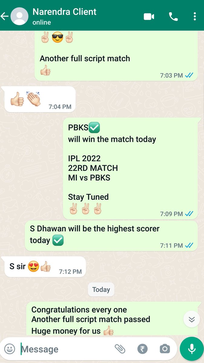 AskMeReport's tweet photo. Congratulations every one
Another full script match passed 
Huge money for us 👍🏻

As I mentioned 
MI won the toss ✅
PBKS won the match ✅

As I said 
S Dhawan score 70 

✌🏻😎✌🏻
See you guys
#iplprediction 
#MIvsPBKS https://t.co/kRjuCJ4GWM
